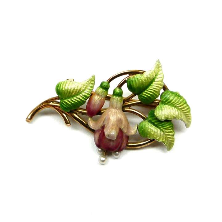 Antique gold, enamel and pearl fuchsia brooch